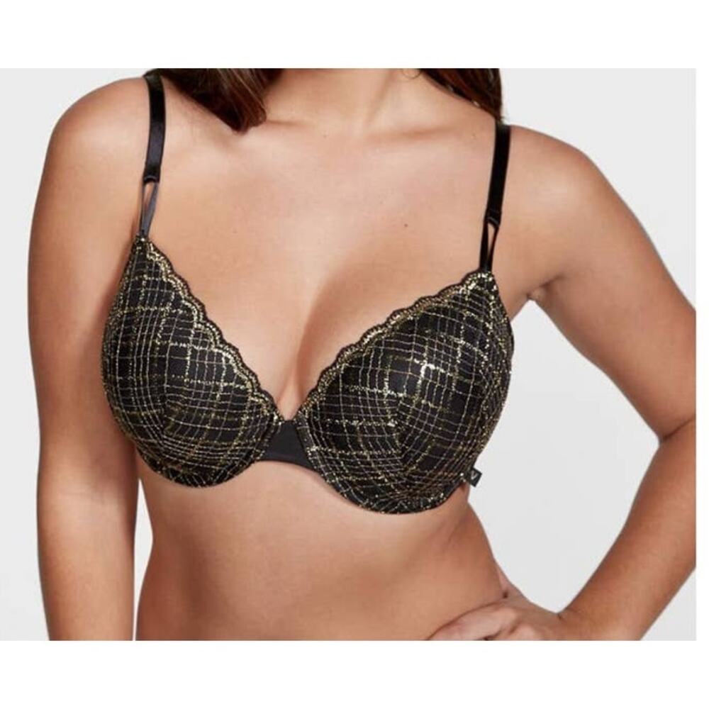 Victoria's Secret  Sexy Tee Lightly lined demi lace bra black gold size 38B